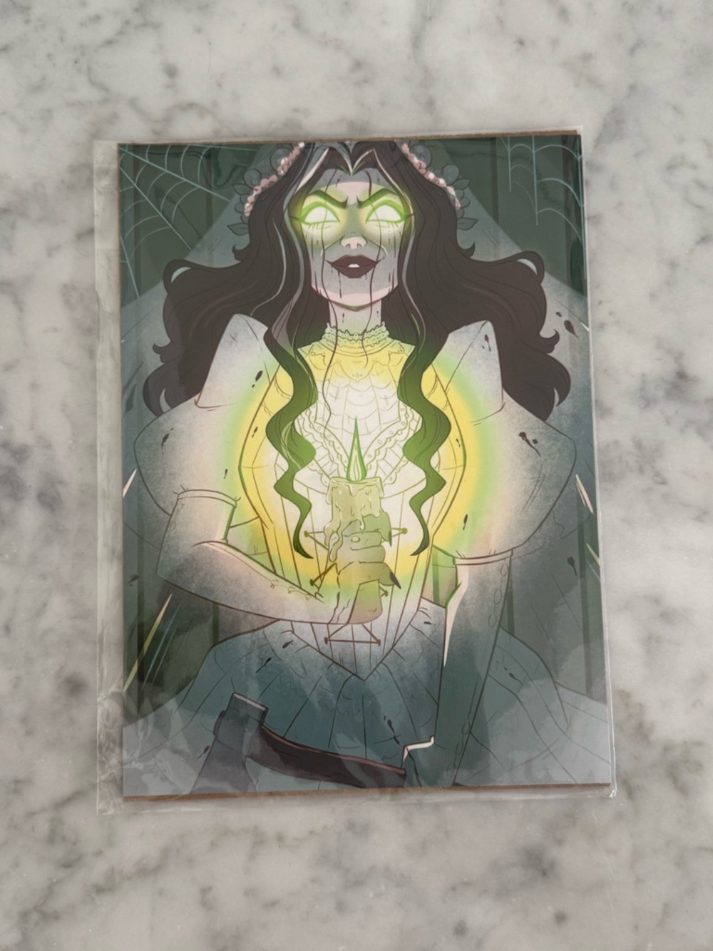Spooky Bride Art Print with Neon Green Glow